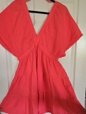 AERIE Coral-Pink Pool To Party Flutter Sleeve Dress